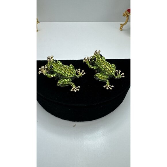 ZARA Green Frog Rhinestone Earrings Gold Tone Animal Statement Jewelry - Picture 6 of 7